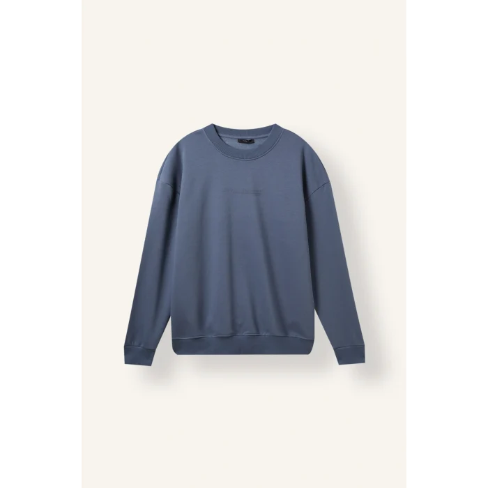 Defacto X8282AZIN87 İndigo Boxy Fıt Bisiklet Yaka Baskılı Sweatshirt