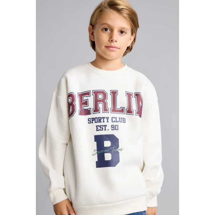 Defacto I3081A8BG759 Bej Overshirt Fit Bisiklet Yaka Baskılı Sweatshirt Erkek Çocuk