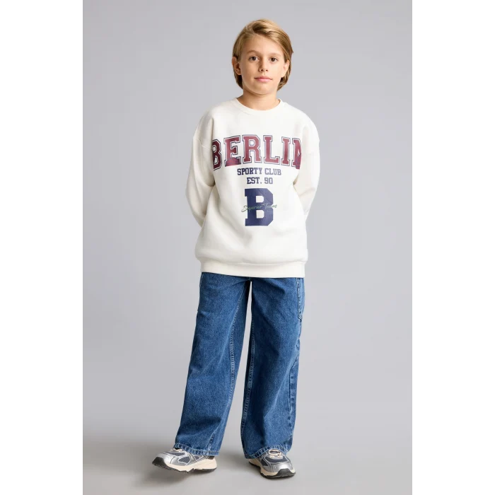 Defacto I3081A8BG759 Bej Overshirt Fit Bisiklet Yaka Baskılı Sweatshirt Erkek Çocuk