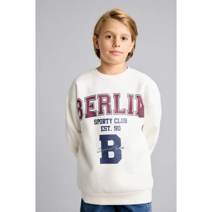 Defacto I3081A8BG759 Bej Overshirt Fit Bisiklet Yaka Baskılı Sweatshirt Erkek Çocuk