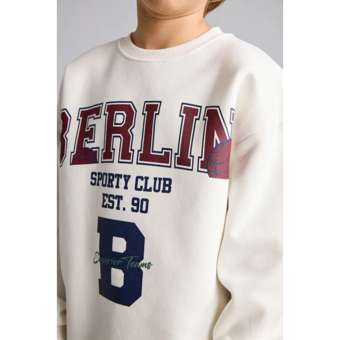 Defacto I3081A8BG759 Bej Overshirt Fit Bisiklet Yaka Baskılı Sweatshirt Erkek Çocuk
