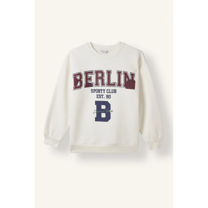 Defacto I3081A8BG759 Bej Overshirt Fit Bisiklet Yaka Baskılı Sweatshirt Erkek Çocuk