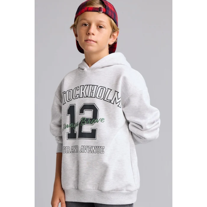 Defacto I3083A8GR400 Gri Overshirt Fit Kapüşonlu İçi Yumuşak Tüylü Baskılı Sweatshirt Erkek Çocuk