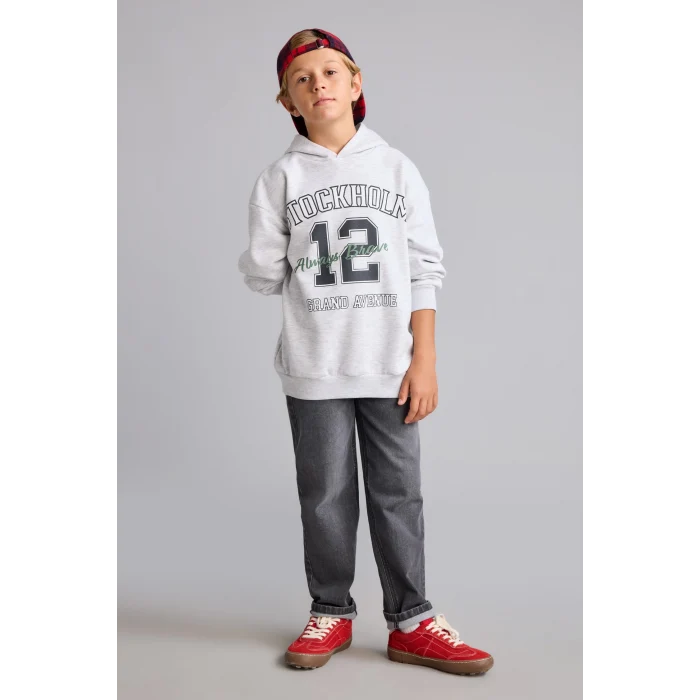 Defacto I3083A8GR400 Gri Overshirt Fit Kapüşonlu İçi Yumuşak Tüylü Baskılı Sweatshirt Erkek Çocuk