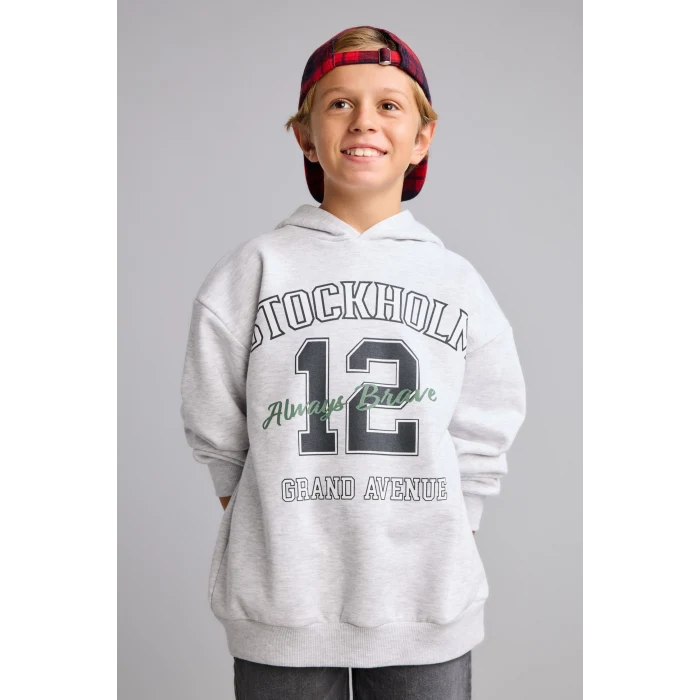 Defacto I3083A8GR400 Gri Overshirt Fit Kapüşonlu İçi Yumuşak Tüylü Baskılı Sweatshirt Erkek Çocuk