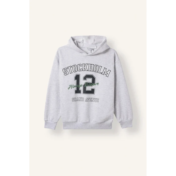 Defacto I3083A8GR400 Gri Overshirt Fit Kapüşonlu İçi Yumuşak Tüylü Baskılı Sweatshirt Erkek Çocuk