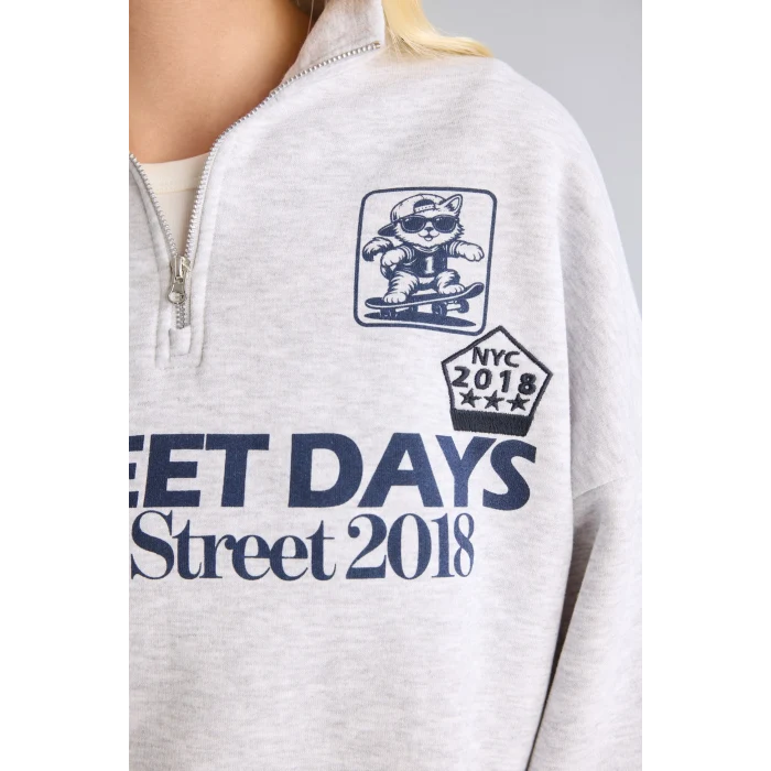 Defacto I3016AXGR110 Gri Oversize Dik Yakalı Yarım Fermuarlı Baskılı Sweatshirt