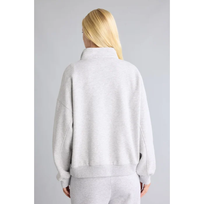 Defacto I3016AXGR110 Gri Oversize Dik Yakalı Yarım Fermuarlı Baskılı Sweatshirt