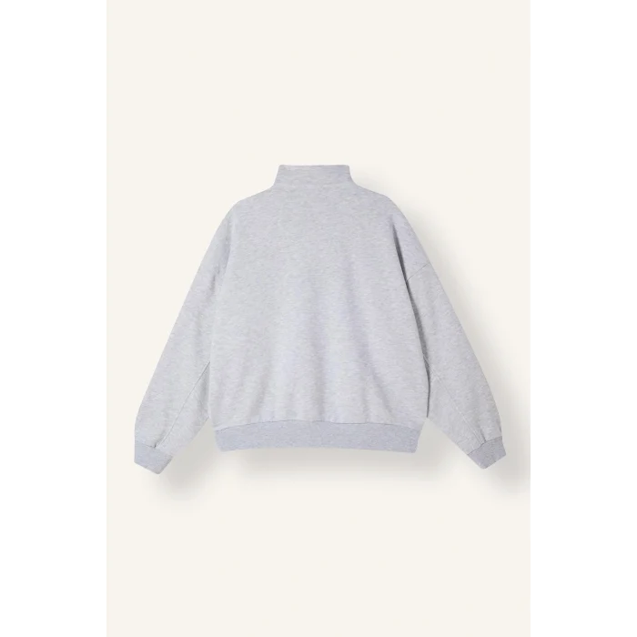 Defacto I3016AXGR110 Gri Oversize Dik Yakalı Yarım Fermuarlı Baskılı Sweatshirt