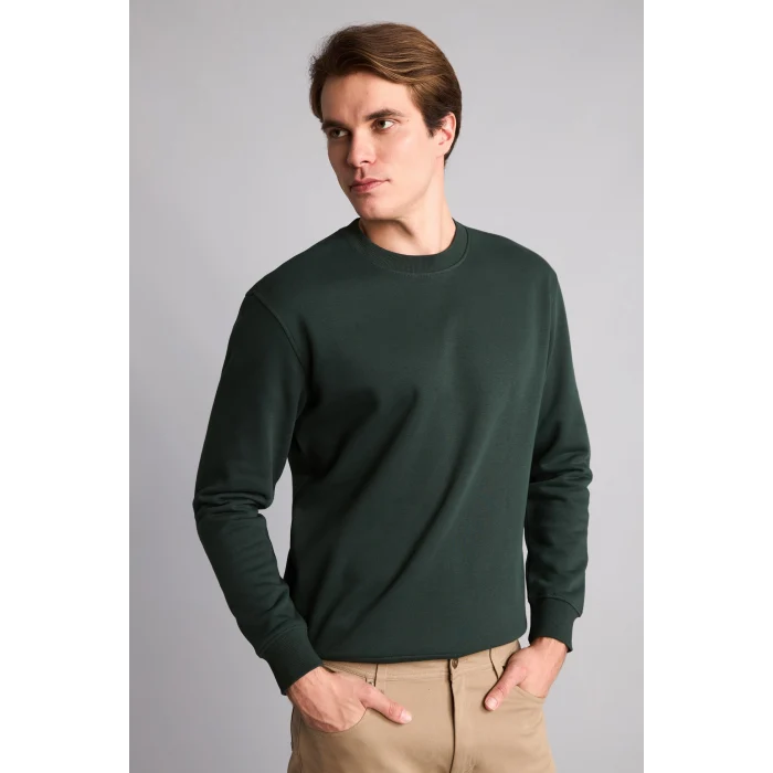 Defacto H5180AXGN852 Yeşil Regular Fıt Bisiklet Yaka Basic Sweatshırt