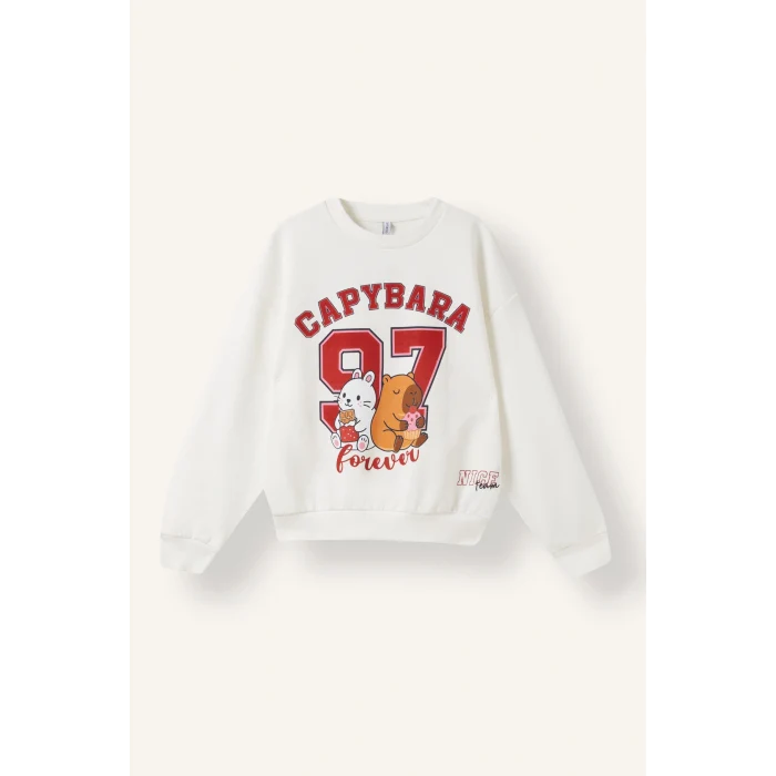 Defacto I8199A8ER105 Ekru Bisiklet Yaka Capybara Baskılı Sweatshirt Kız Çocuk