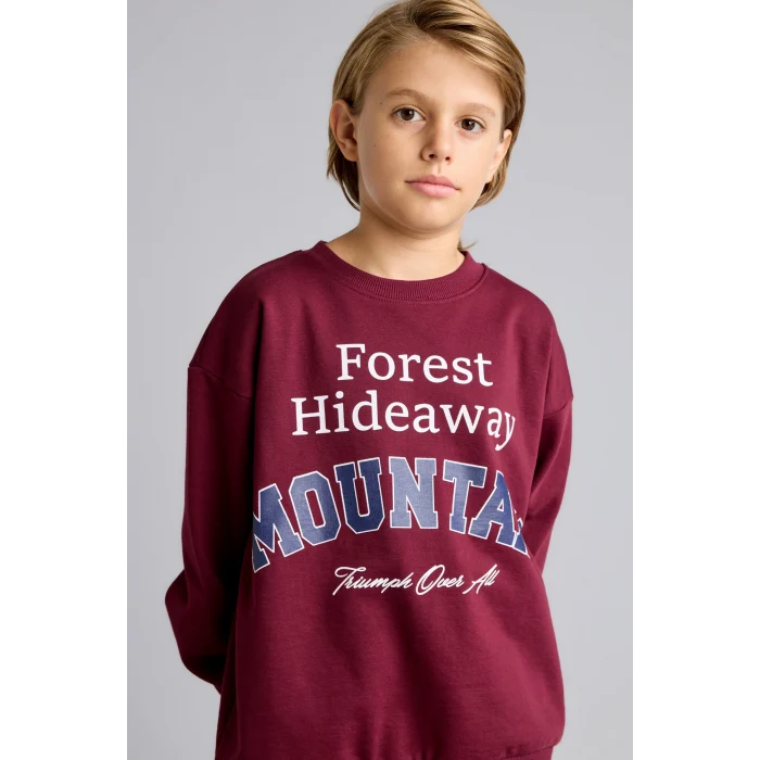 Defacto I3081A8BR115 Bordo Overshirt Fit Bisiklet Yaka Baskılı Sweatshirt Erkek Çocuk