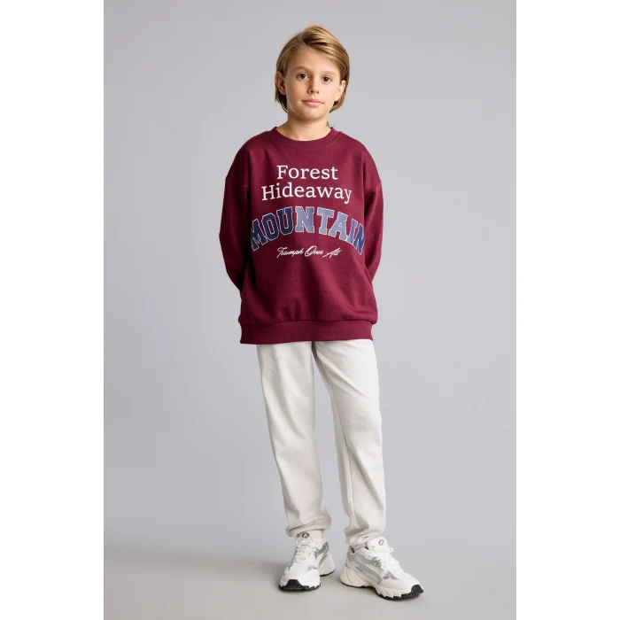 Defacto I3081A8BR115 Bordo Overshirt Fit Bisiklet Yaka Baskılı Sweatshirt Erkek Çocuk
