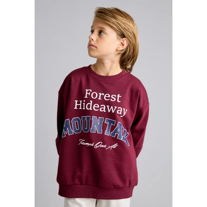 Defacto I3081A8BR115 Bordo Overshirt Fit Bisiklet Yaka Baskılı Sweatshirt Erkek Çocuk