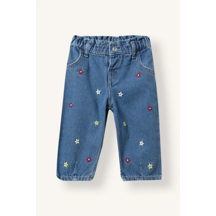 Defacto I5295A5NM28 Mavi %100 Pamuk Çiçek Nakışlı Beli Lastikli Baggy Fit Jean Pantolon Kız Bebek
