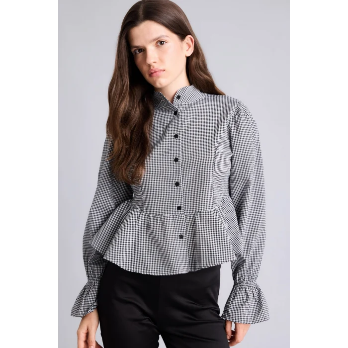 Defacto I5191AXBK81 Siyah Pötikare Desenli Peplum Fitted Hakim Yaka Uzun Kollu Gömlek