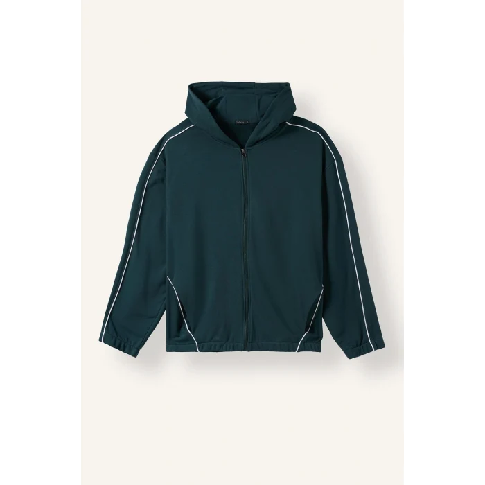 Defacto H4251AXGN1051 Yeşil Boxy Fit Kapüşonlu Biye Detaylı Fermuarlı Basic Hırka