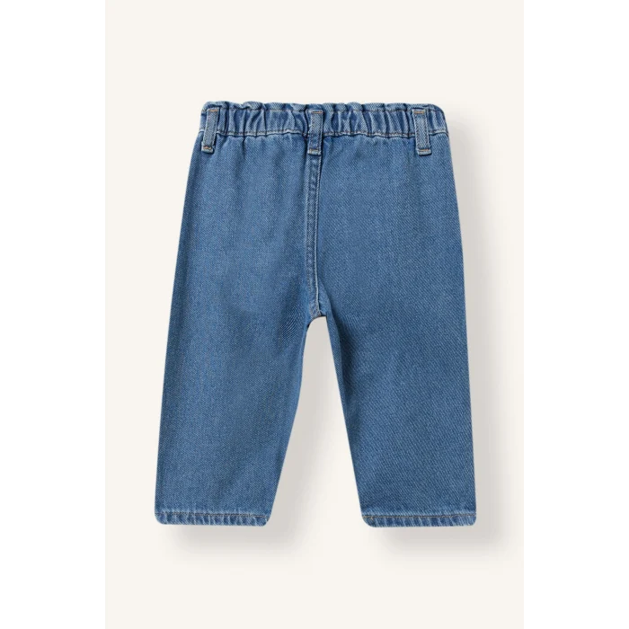 Defacto I5295A5NM28 Mavi %100 Pamuk Çiçek Nakışlı Beli Lastikli Baggy Fit Jean Pantolon Kız Bebek