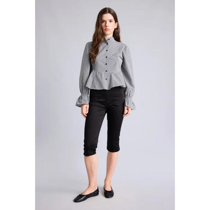 Defacto I5191AXBK81 Siyah Pötikare Desenli Peplum Fitted Hakim Yaka Uzun Kollu Gömlek