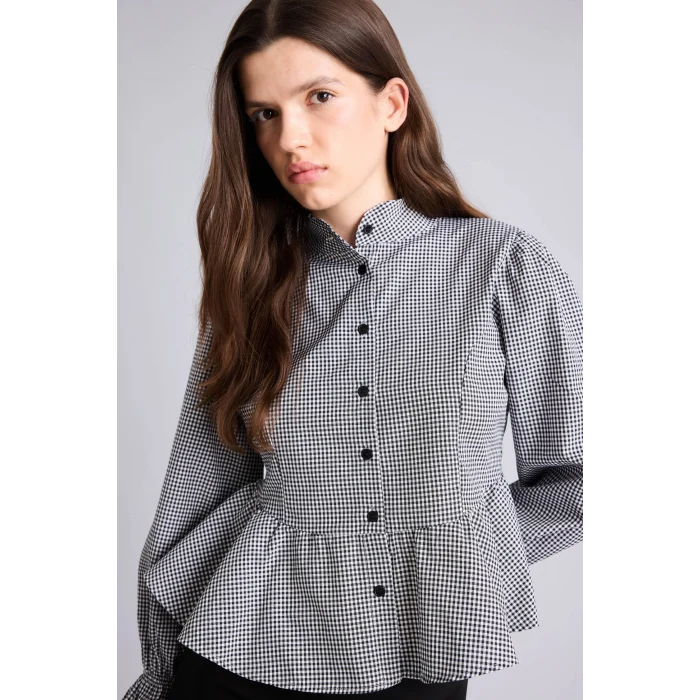 Defacto I5191AXBK81 Siyah Pötikare Desenli Peplum Fitted Hakim Yaka Uzun Kollu Gömlek