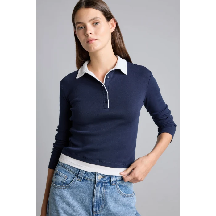 Defacto I2637AXNV245 Lacivert Slim Fit Kontrast Polo Yaka Ribana Uzun Kollu Basic Tişört