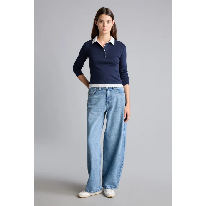 Defacto I2637AXNV245 Lacivert Slim Fit Kontrast Polo Yaka Ribana Uzun Kollu Basic Tişört