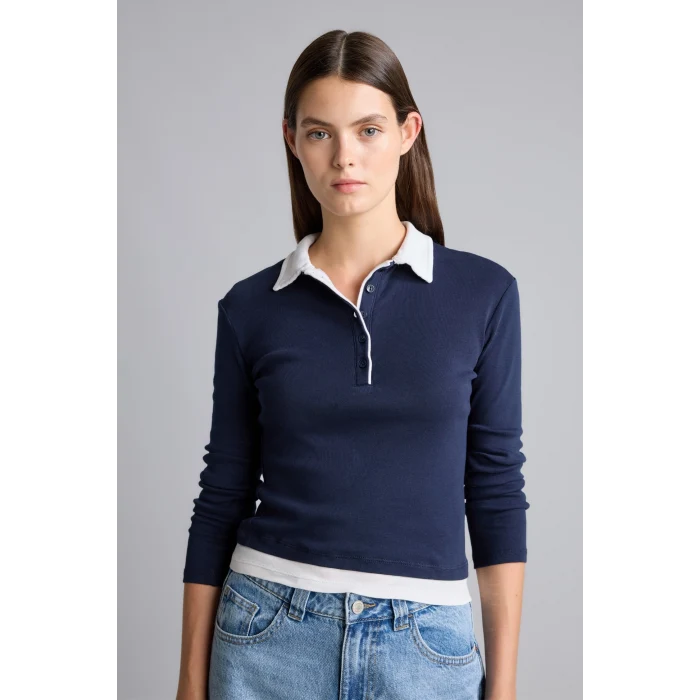 Defacto I2637AXNV245 Lacivert Slim Fit Kontrast Polo Yaka Ribana Uzun Kollu Basic Tişört