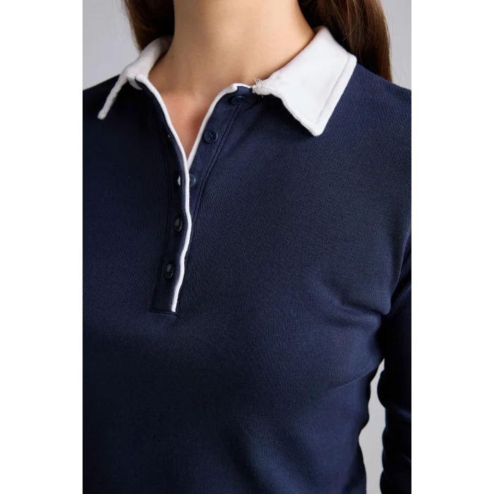 Defacto I2637AXNV245 Lacivert Slim Fit Kontrast Polo Yaka Ribana Uzun Kollu Basic Tişört
