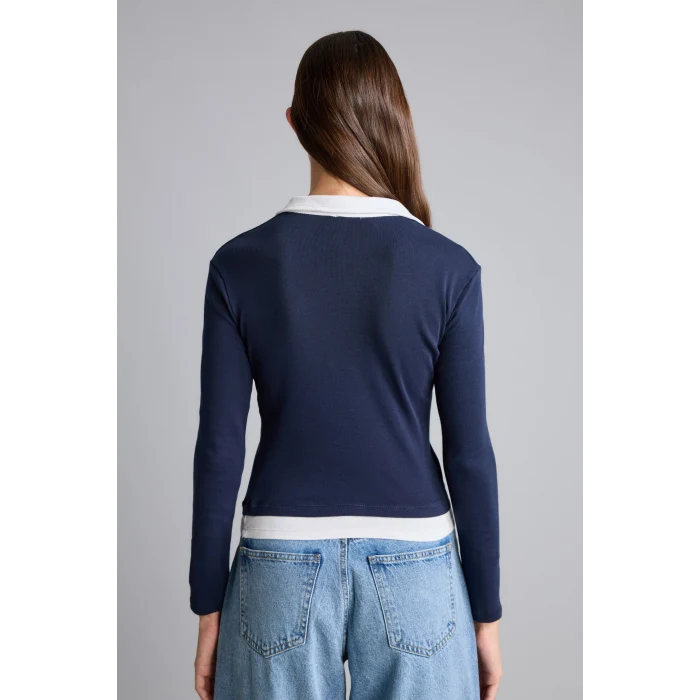 Defacto I2637AXNV245 Lacivert Slim Fit Kontrast Polo Yaka Ribana Uzun Kollu Basic Tişört