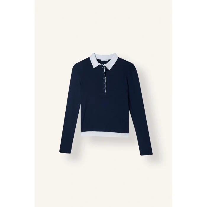 Defacto I2637AXNV245 Lacivert Slim Fit Kontrast Polo Yaka Ribana Uzun Kollu Basic Tişört