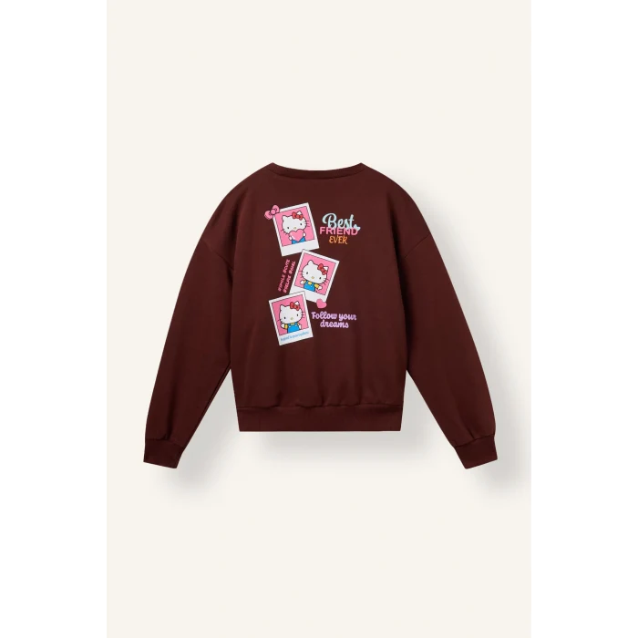 Defacto I5073A8BR162 Bordo Hello Kitty Relaxed Fit Bisiklet Yaka Baskılı Sweatshirt Kız Çocuk