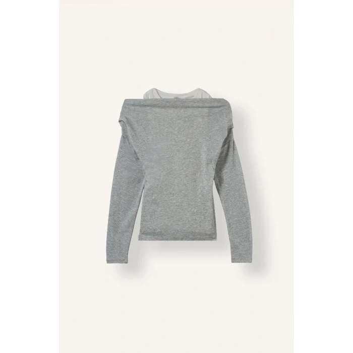 Defacto I2636AXGR210 Gri %100 Pamuk Slim Fit Tek Omuzlu Drape Detaylı Ribana Uzun Kollu Basic Tişört