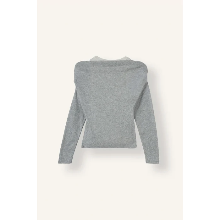 Defacto I2636AXGR210 Gri %100 Pamuk Slim Fit Tek Omuzlu Drape Detaylı Ribana Uzun Kollu Basic Tişört