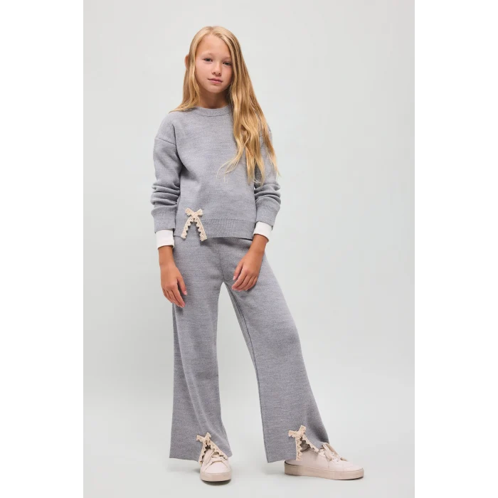 Defacto I7456A8GR127 Gri Wide Leg Paçası Fiyonk Detaylı Triko Pantolon Kız Çocuk