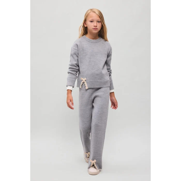 Defacto I7456A8GR127 Gri Wide Leg Paçası Fiyonk Detaylı Triko Pantolon Kız Çocuk