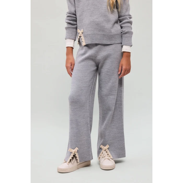 Defacto I7456A8GR127 Gri Wide Leg Paçası Fiyonk Detaylı Triko Pantolon Kız Çocuk