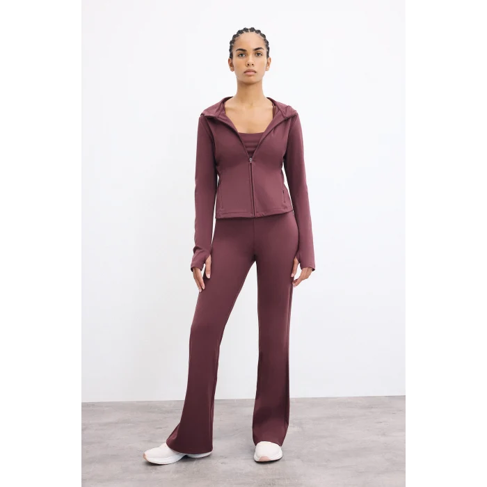 Defacto H5289AXBR93 Bordo Sıcak Tutan Slım Fıt Kapüşonlu İçi Yumuşak Tüylü Fermuarlı Uzun Kollu Sporcu Sweatshirt Hırka