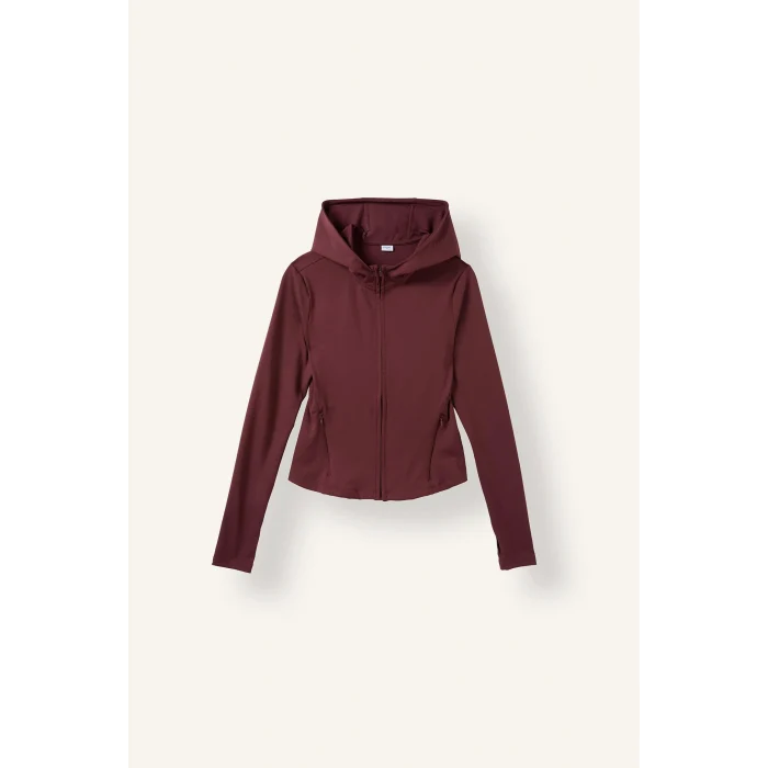 Defacto H5289AXBR93 Bordo Sıcak Tutan Slım Fıt Kapüşonlu İçi Yumuşak Tüylü Fermuarlı Uzun Kollu Sporcu Sweatshirt Hırka