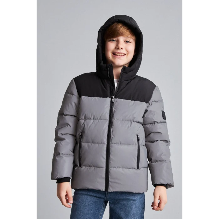Defacto H0444A8RF1 reflector Su Geçirmez Kapüşonlu Suni Deri Fermuarlı Şişme Mont Erkek Çocuk