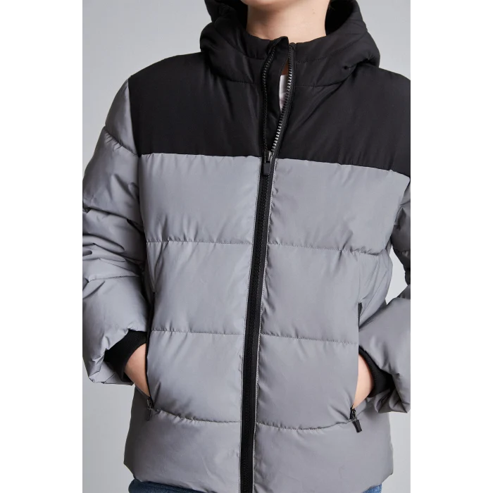 Defacto H0444A8RF1 reflector Su Geçirmez Kapüşonlu Suni Deri Fermuarlı Şişme Mont Erkek Çocuk