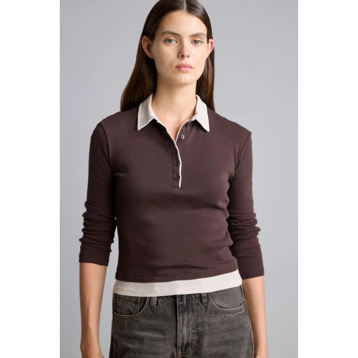 Defacto I2637AXBN340 Kahve Slim Fit Kontrast Polo Yaka Ribana Uzun Kollu Basic Tişört