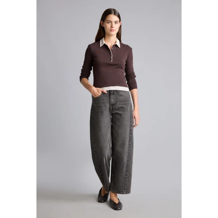 Defacto I2637AXBN340 Kahve Slim Fit Kontrast Polo Yaka Ribana Uzun Kollu Basic Tişört
