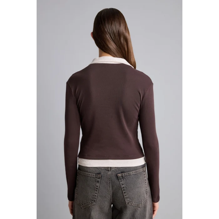 Defacto I2637AXBN340 Kahve Slim Fit Kontrast Polo Yaka Ribana Uzun Kollu Basic Tişört