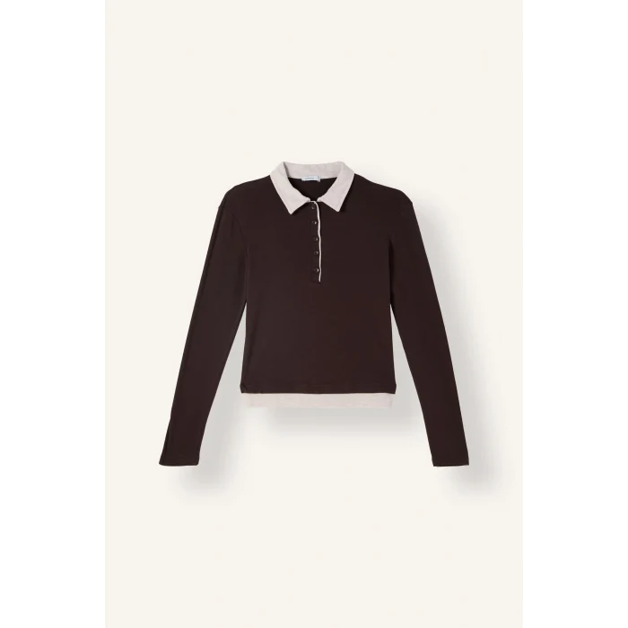 Defacto I2637AXBN340 Kahve Slim Fit Kontrast Polo Yaka Ribana Uzun Kollu Basic Tişört