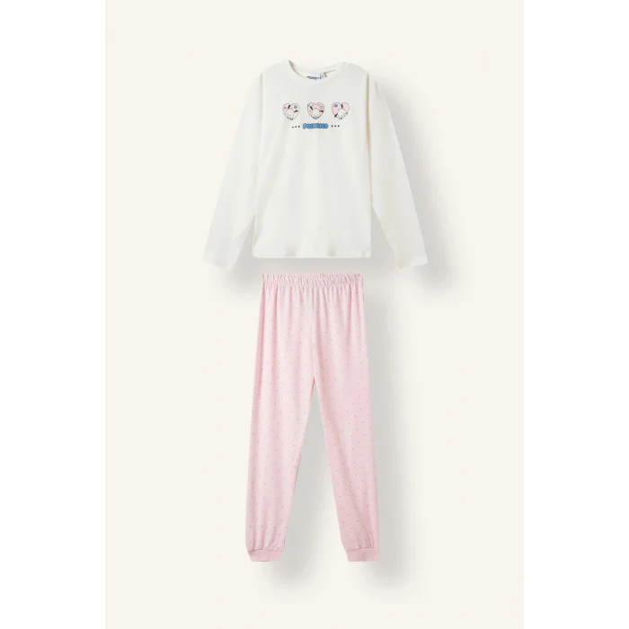 Defacto I5385A8ER105 Ekru %100 Pamuk Pochacco Baskılı Uzun Kollu 2li Pijama Takımı Kız Çocuk