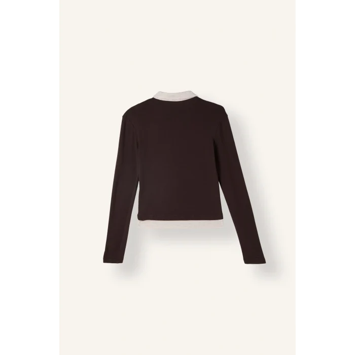 Defacto I2637AXBN340 Kahve Slim Fit Kontrast Polo Yaka Ribana Uzun Kollu Basic Tişört