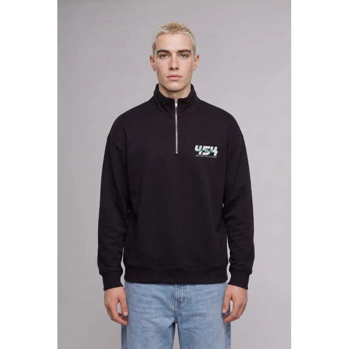 Defacto H3868AXBK81 Siyah Boxy Fit Yarım Fermuarlı Dik Yakalı Baskılı Uzun Kollu Sweatshirt