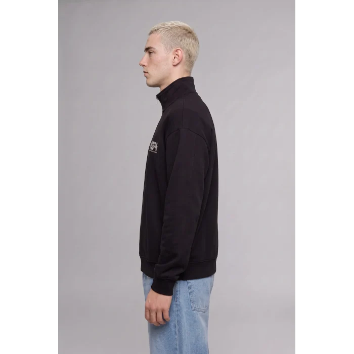Defacto H3868AXBK81 Siyah Boxy Fit Yarım Fermuarlı Dik Yakalı Baskılı Uzun Kollu Sweatshirt