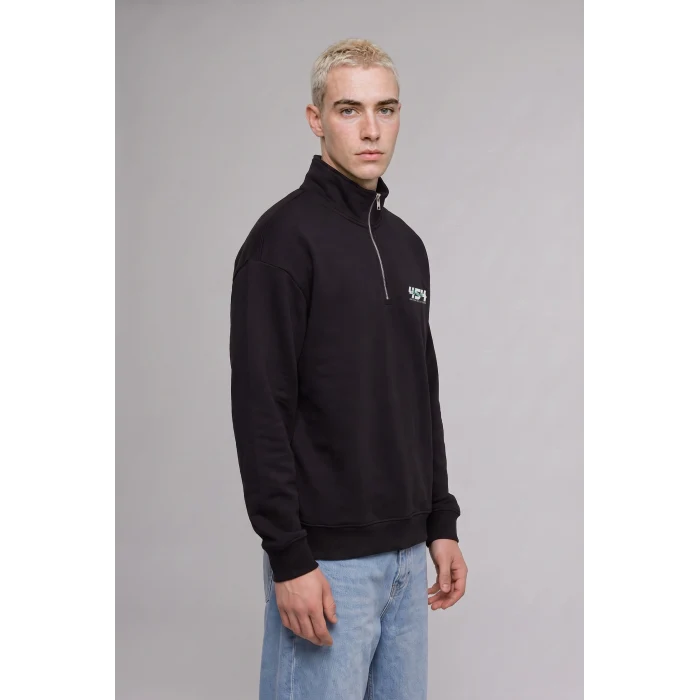 Defacto H3868AXBK81 Siyah Boxy Fit Yarım Fermuarlı Dik Yakalı Baskılı Uzun Kollu Sweatshirt