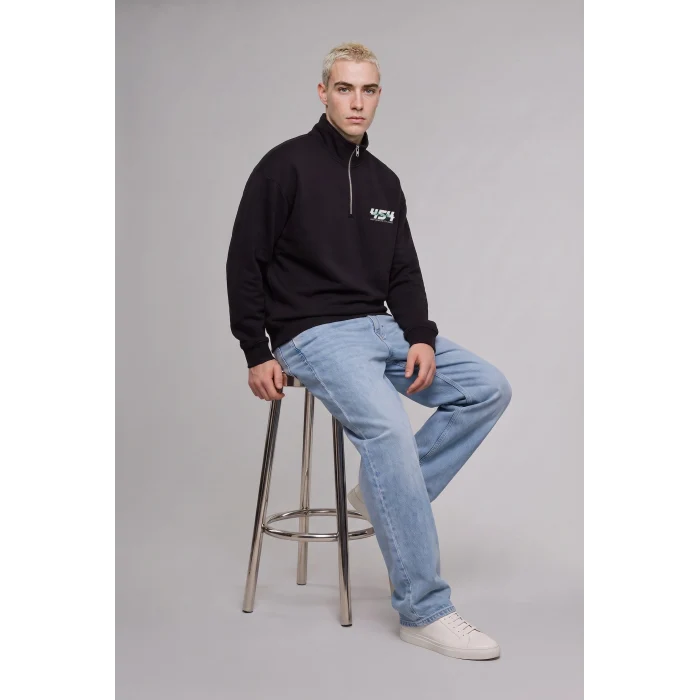 Defacto H3868AXBK81 Siyah Boxy Fit Yarım Fermuarlı Dik Yakalı Baskılı Uzun Kollu Sweatshirt